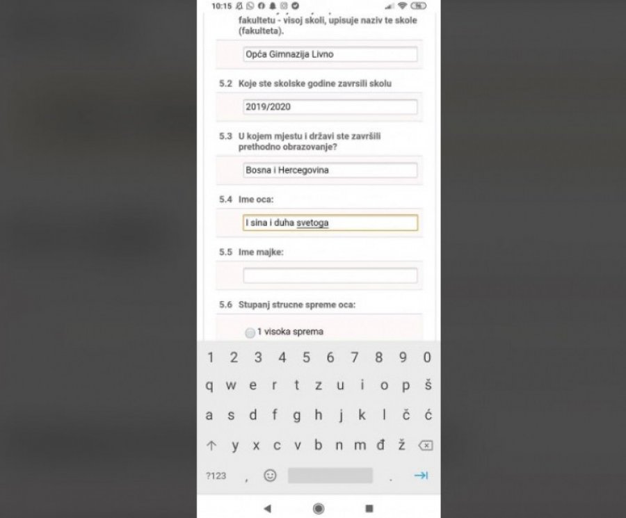 Pogledajte kako je brucoš iz BiH ispunio "ime oca" na upisnom listu